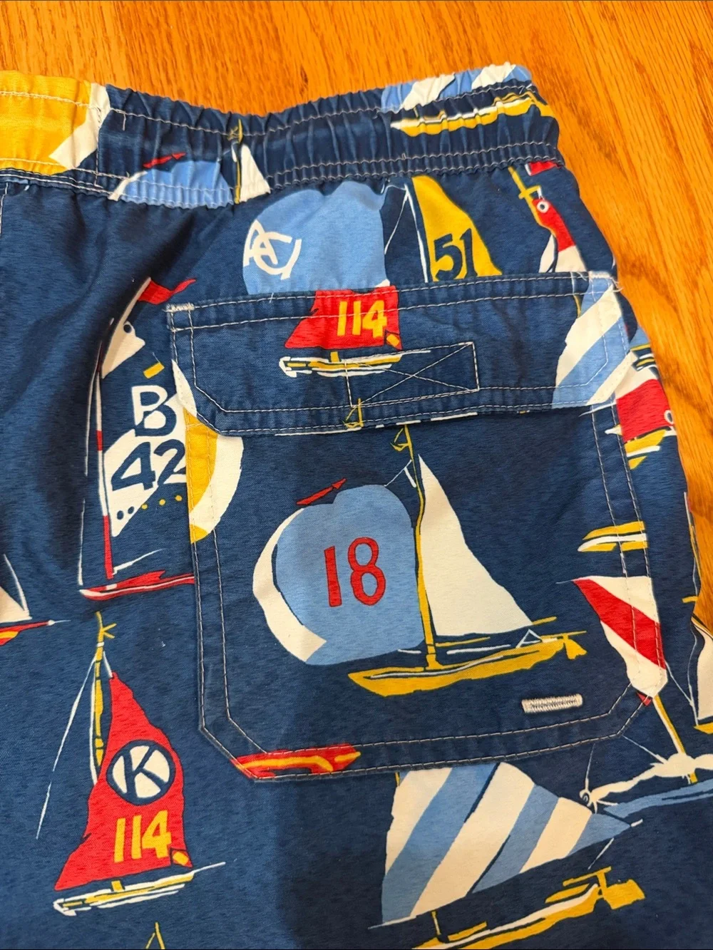 Brooks Brothers Navy Sailboat Print Swim Shorts with Red, Yellow & White Accents